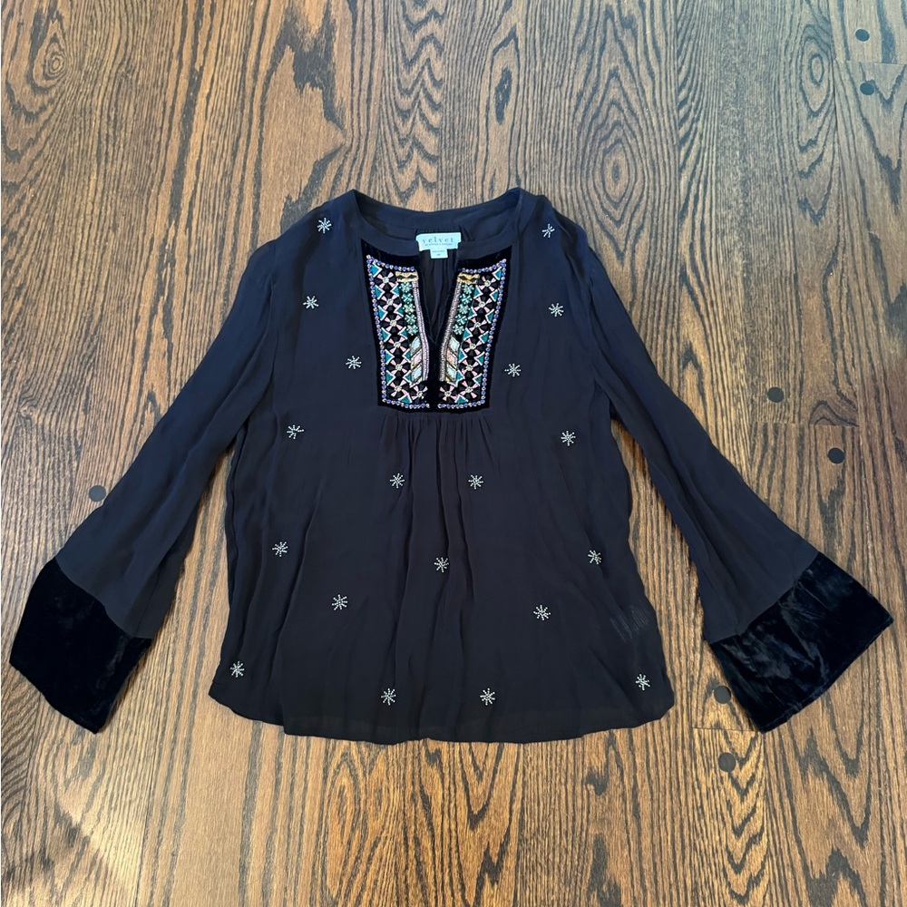 Velvet Black Blouse with Embroidered Details